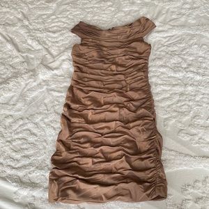 Cachet Ruched Bronze Knee Length Form Fitted Evening Dress